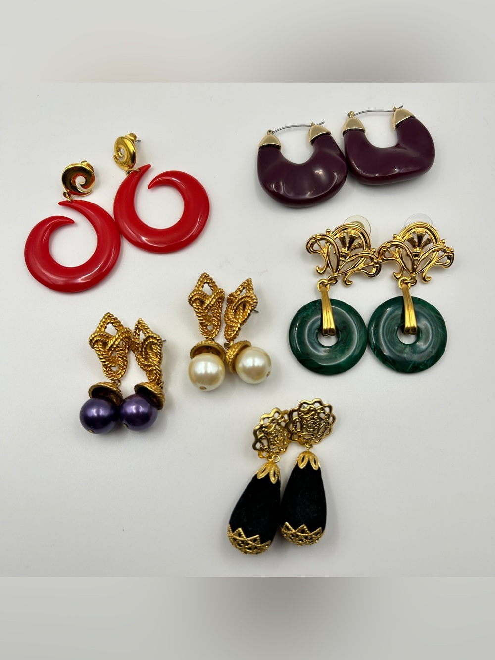 Vintage 90s Colorful Earrings Mixed Lot of 6 Pairs Lucite Faux Pearl Pierced